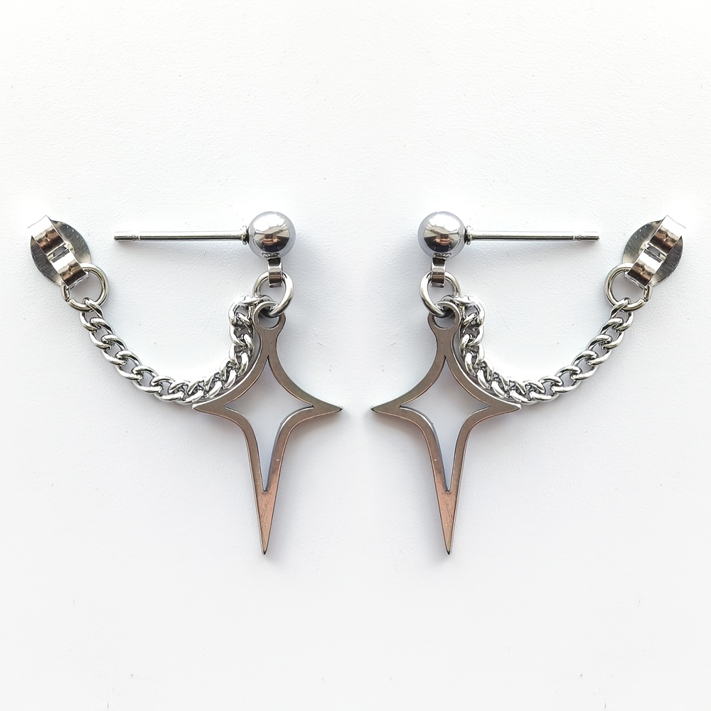 TEMU Une paire de boucles d'oreilles hypoallergéniques avec pendentifs pleins en acier inoxydable argenté et tiges à /arrière avec chaînes