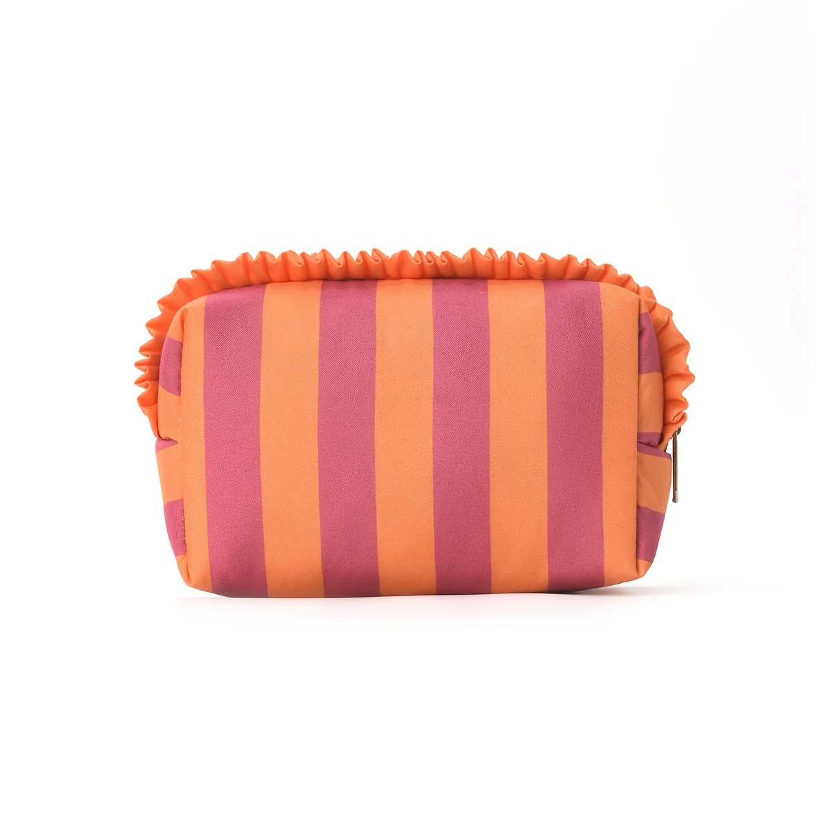 TEMU Neceser de maquillaje portátil para mujer, bolsa de almacenamiento con cremallera, volantes y rayas, neceser de viaje, organizador de cosméticos