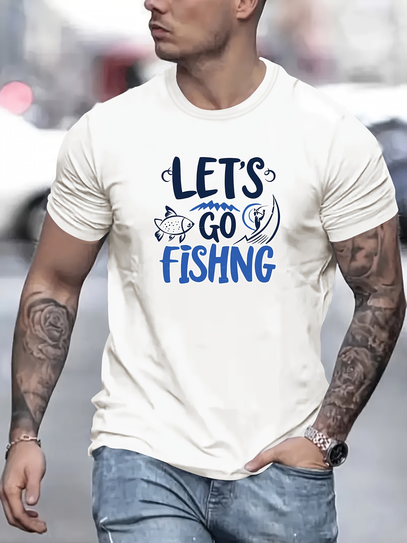 3D Fish Print, Men's Graphic Design Crew Neck Novel T-Shirt, Casual Comfy Tees Tshirts for Summer, Men's Clothing Tops for Daily Vacation Resorts