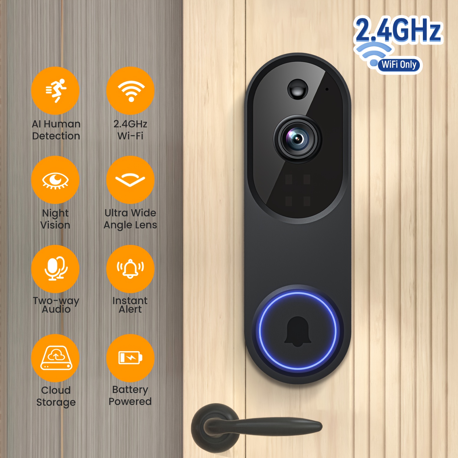 video doorbell camera wireless 2 4g wifi only ai human detection   100 wire free   cloud storage battery powered    