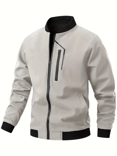mens casual jacket spring autumn non stretch baseball collar multiple pockets zipper closure