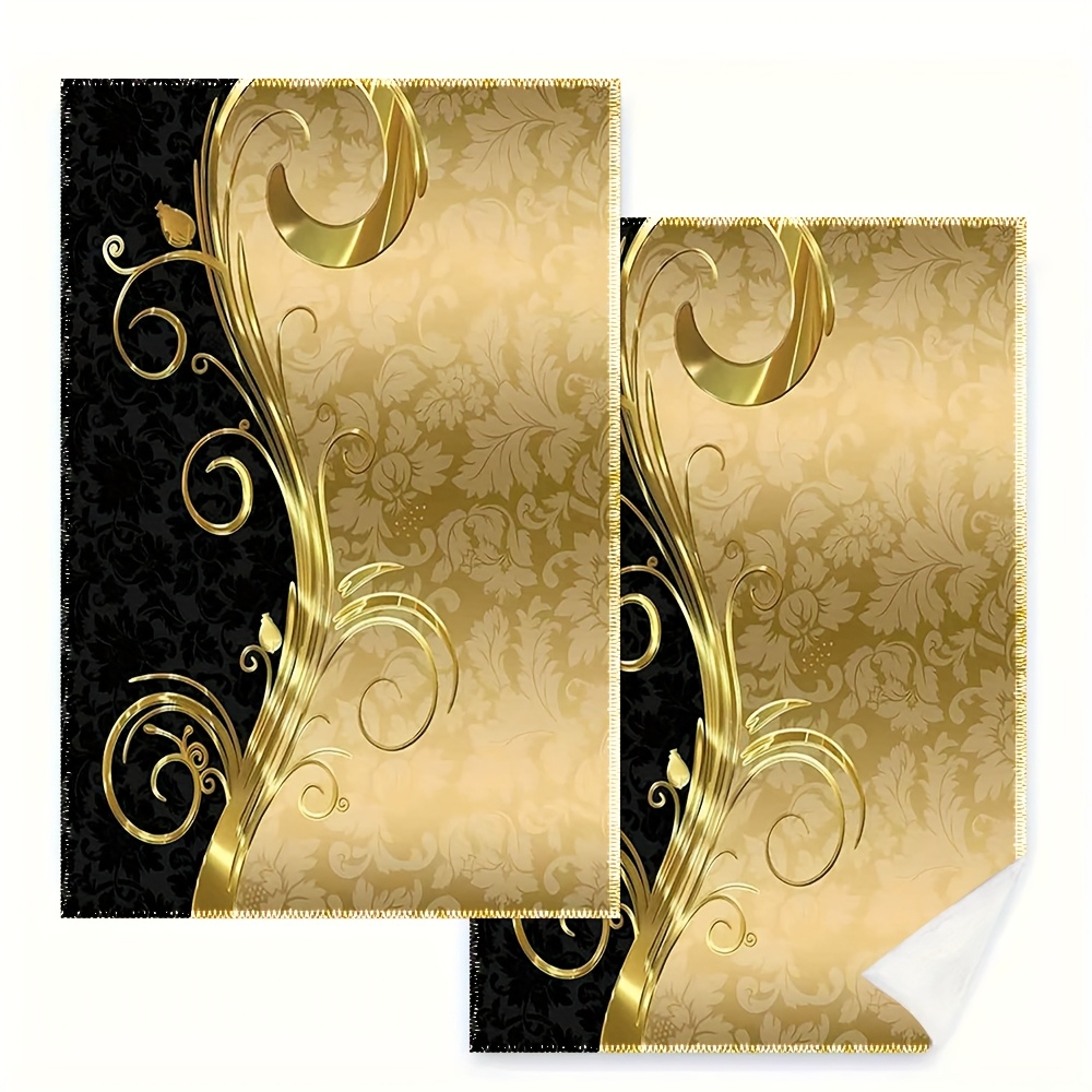 2pcs, Kitchen Towels, Dishcloths, 16x24 Inch, Elegant Golden On A Black Background Dishcloths, Essential For Kitchen Cleaning, Used For Cooking And Baking Cdzt626hu438