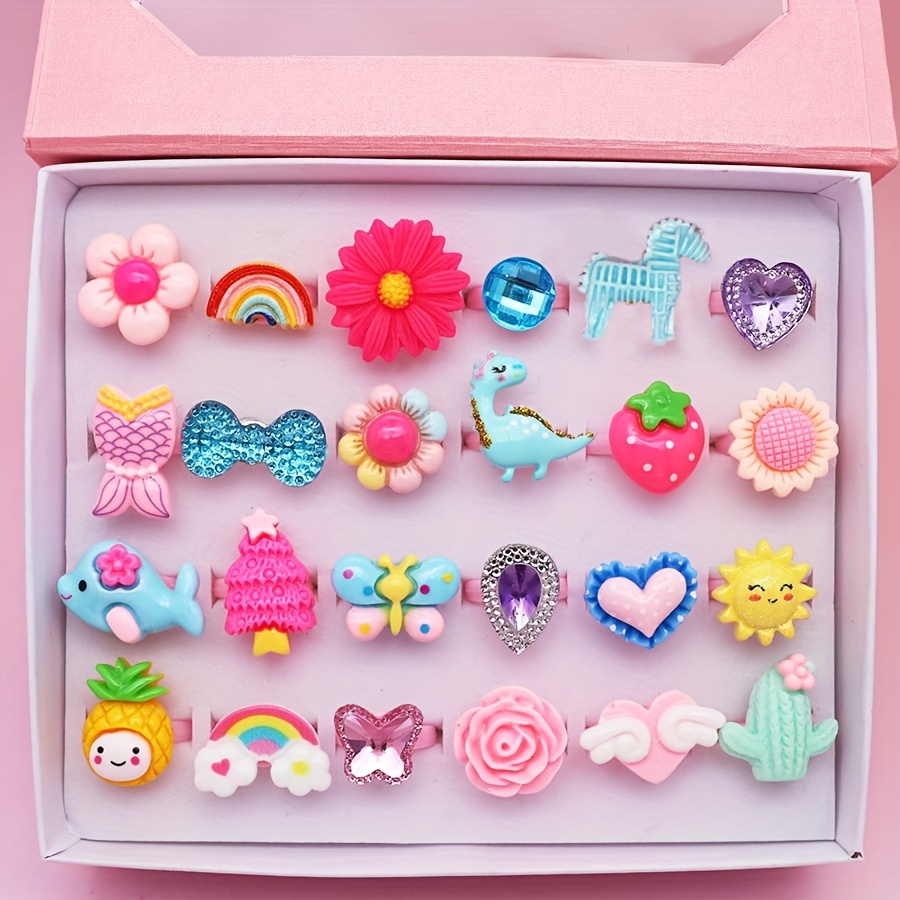 

24pcs Girl's Jewelry Rings Set, Cute Adjustable Rings With Assorted Designs, Perfect For Pretend Play And Dress Up, Girl's Gift Box Collection