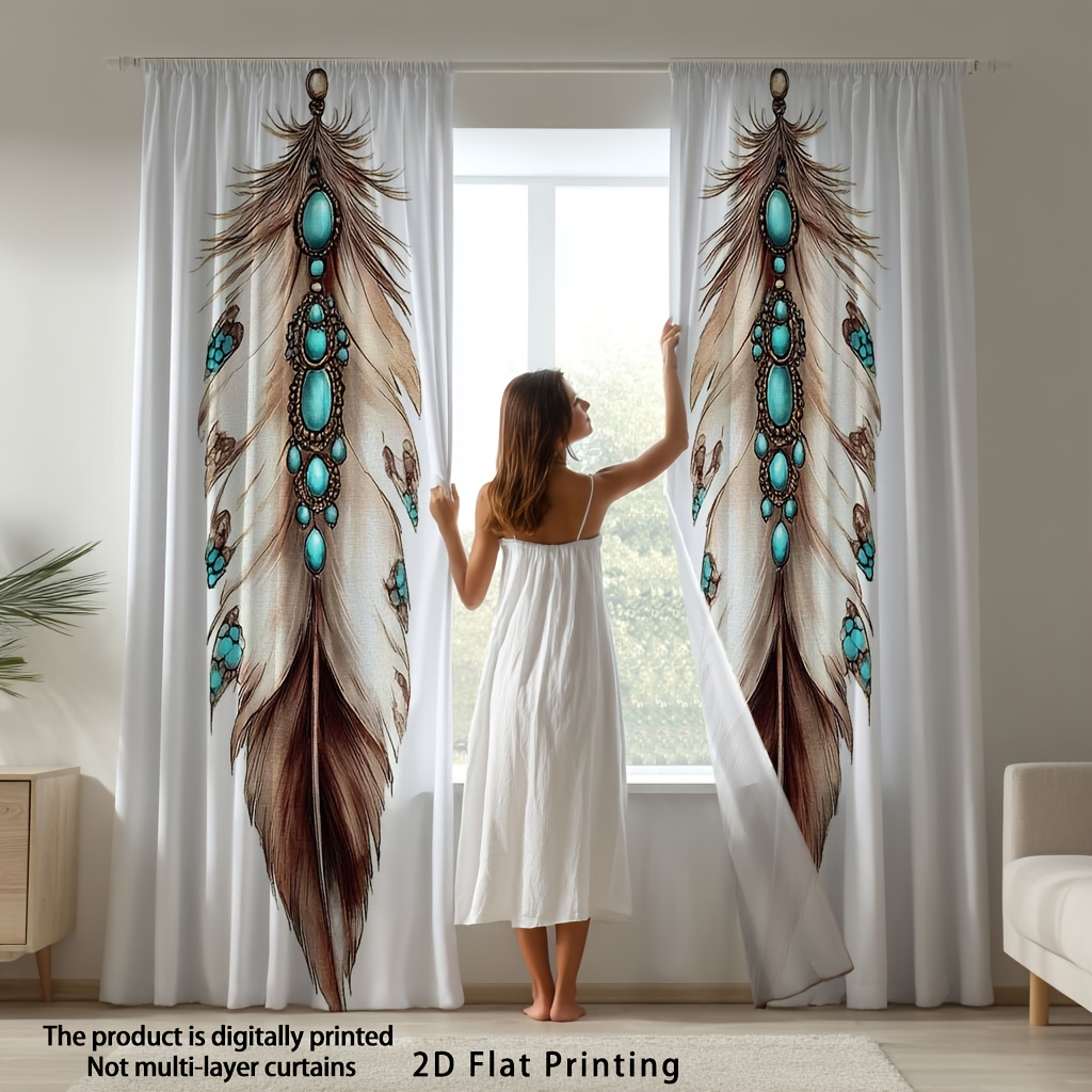 TEMU 2pcs, Vintage Feather Art Design Curtains, Curtains 160.02cm Length, Living Room Curtains Blackout, Boho Living Room Curtains, Cortinas Largas
