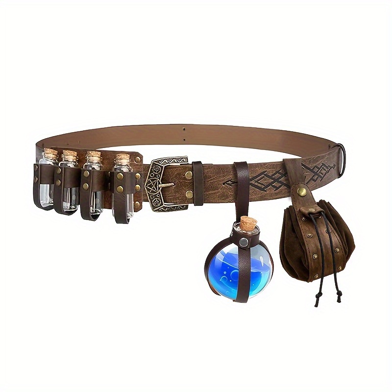 TEMU Ensemble de ceinture médiévale vintage 4/5 pièces avec boucle en relief, 4 bouteilles de potion en liège et étui à pièces - Parfait pour les