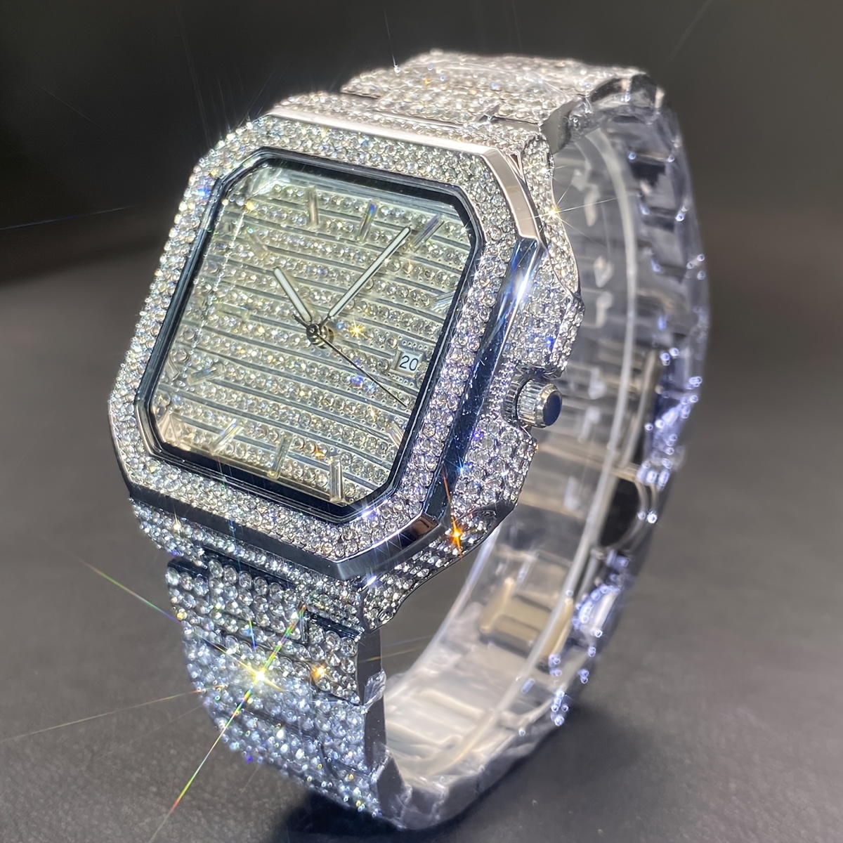 's Hip Hop Watch Iced Hip Hop Date Party Square Dial Synthetic Rhinestoneclock Fashion Quartz Watch Luxury Men's Clock