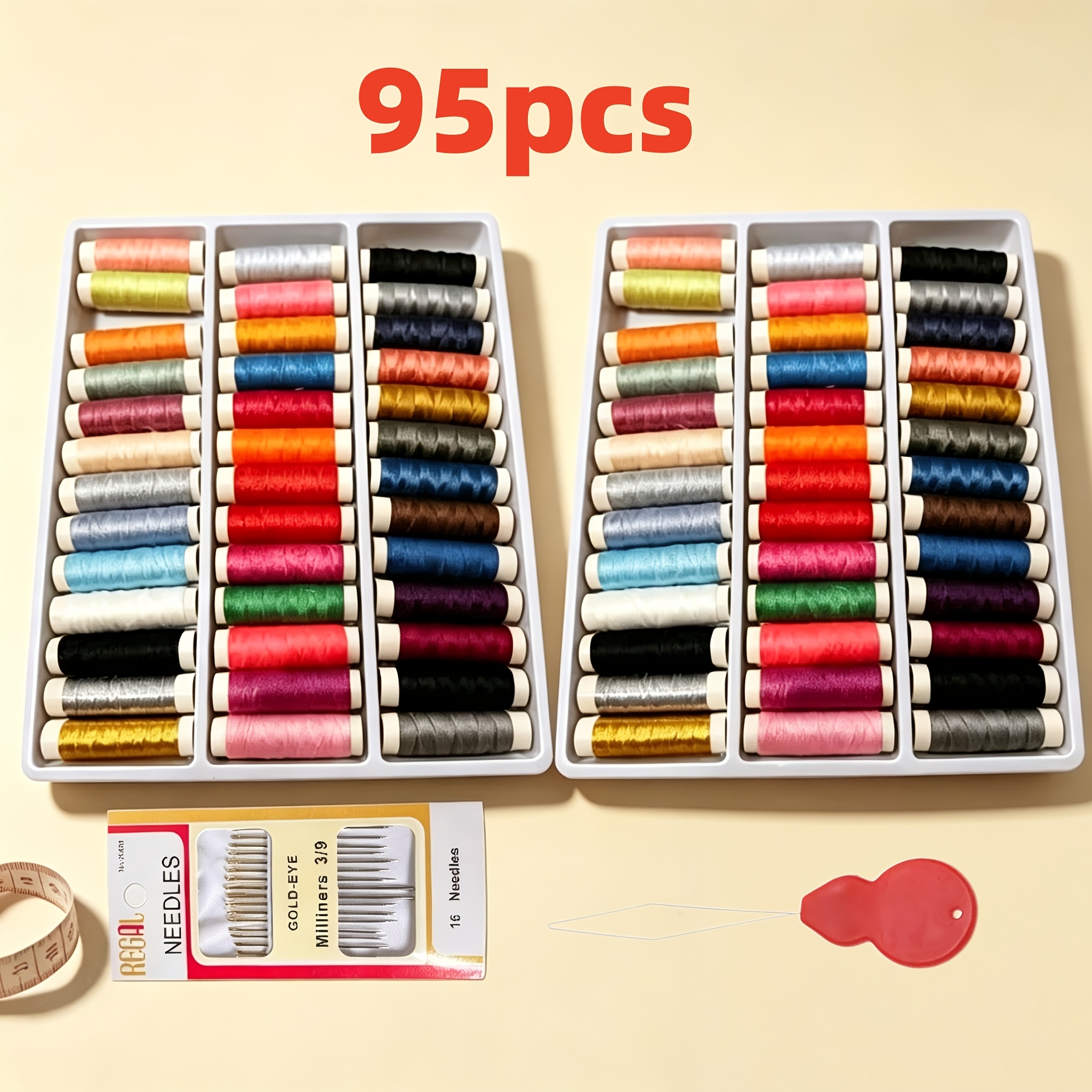 TEMU Lot de 95 pièces, 2 boîtes de fil à coudre 39 couleurs contenant 16 aiguilles + enfile-aiguilles, chaque bobine fait 182,88 mètres, couleurs