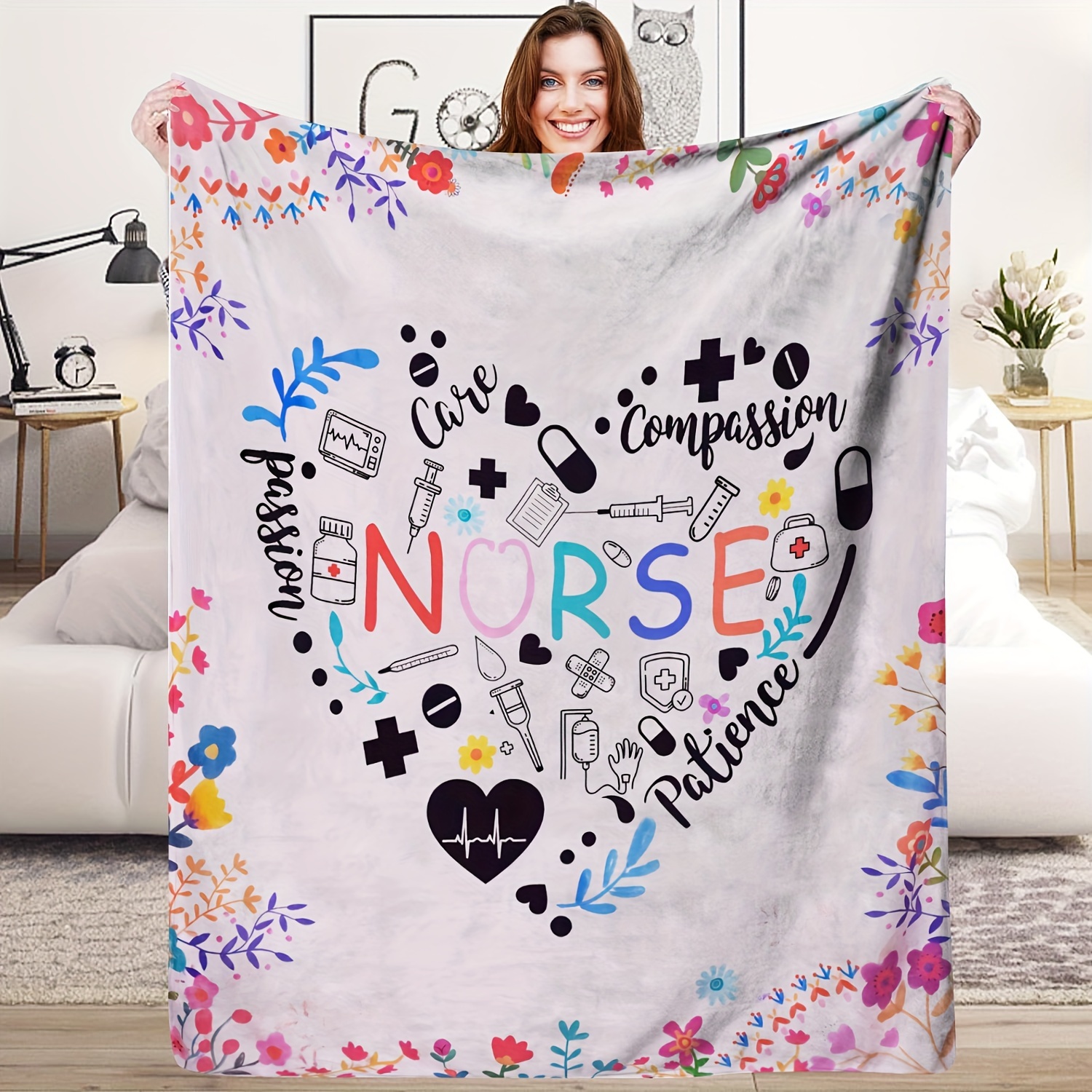 

Nurse Themed Flannel Throw Blanket - Digital Print Motif, 100% Polyester Soft Style Cover - All Seasons Knitted Compassion & Dedication Design, Ideal Gift For Professionals