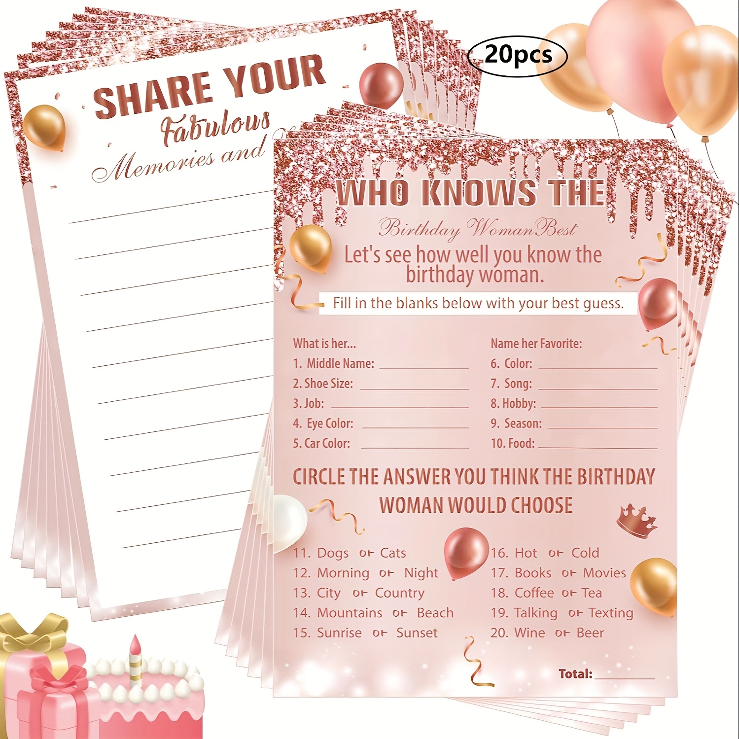 Image of 20 Sheets Best Birthday Game Cards Pink Rose Golden Birthday Party Supplies Women'-sided Rose Cards Notebook Theme Decorations For Halloween、christmas