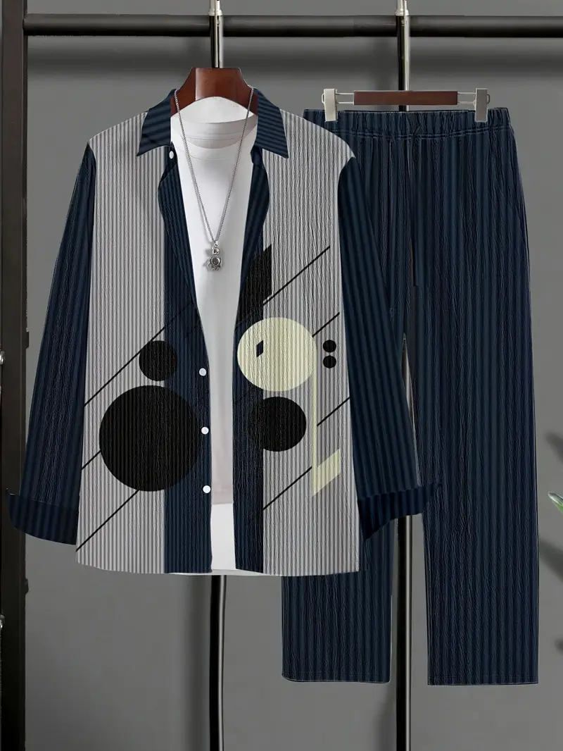 2pcs mens geometric suit style long sleeve button shirt with turn down collar print pants details 0