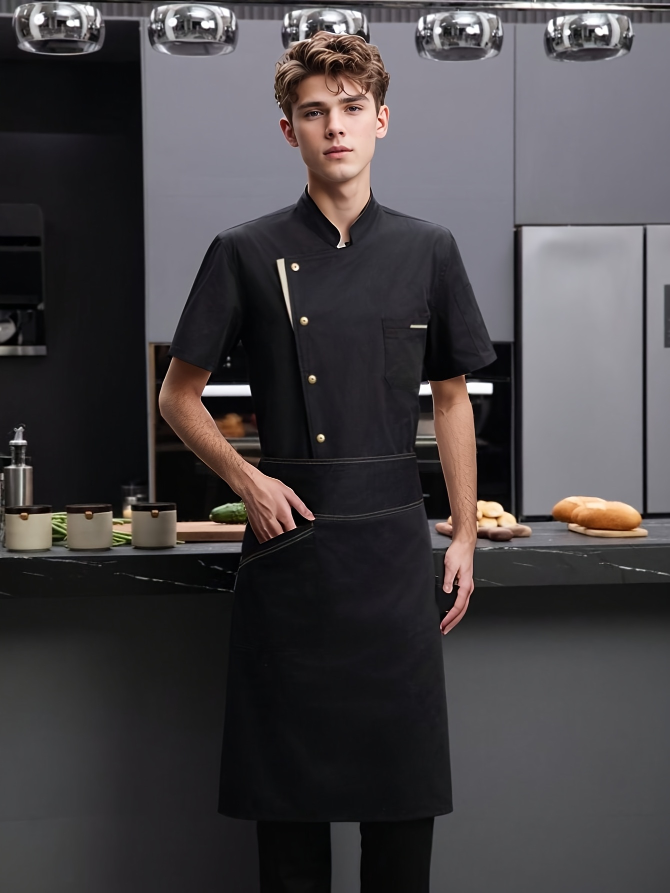 mens navy blue short sleeve chefs uniform golden buttons Temu