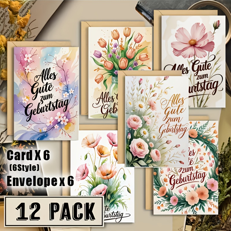 E-shop Ein Set aus 12 Aquarell-Blumen-Grußkarten aus Deutschland mit Umschlägen, für Valentinstag, Ostern, Neujahr, Geburtstage, Hochzeiten und