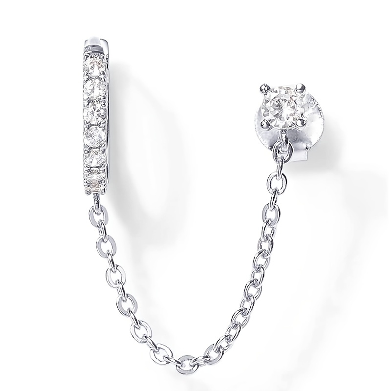 TEMU 1pc Women's Fashion Hoop Earrings, Exquisite Double Hole Chain With Synthetic Synthetic Zirconia Pendant, Single Earring For Daily Wear, Casual,