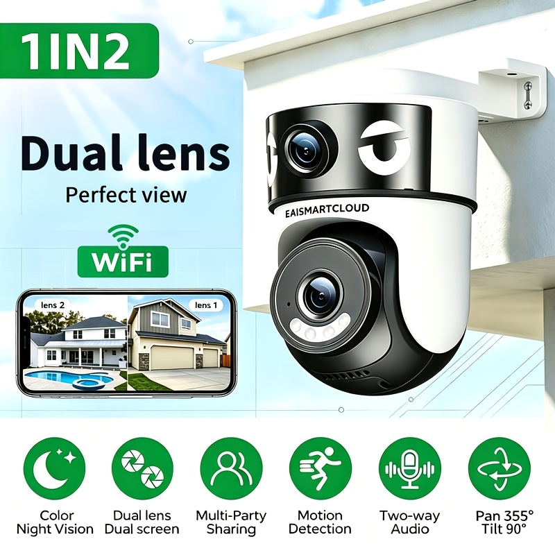TEMU 2k Dual-lens Eaismartcloud Wireless Security Camera, 355° Pan-tilt Rotation, Color Night Vision, Ai Human Tracking, Audio, 2.4ghz Wifi, Type-c