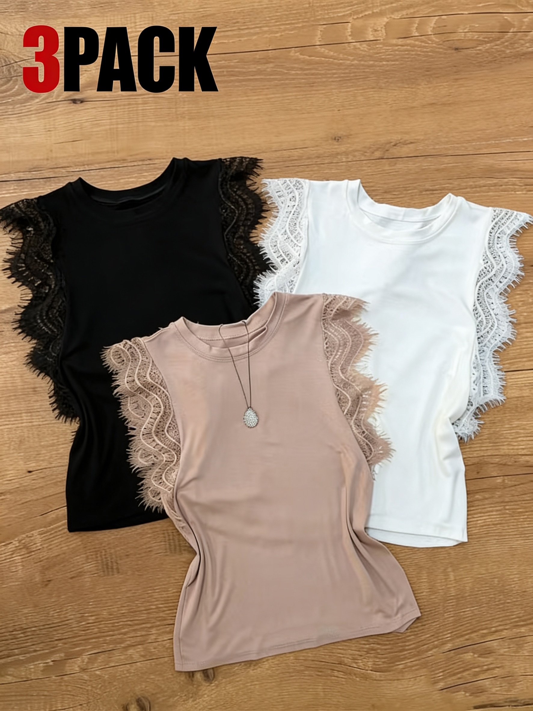 3pcs summer fashion vest set lace trim splicing round neck easy solid color casual vest sleeveless top for   walking elegant womens clothing ladies wear multi piece set asd1 details 3