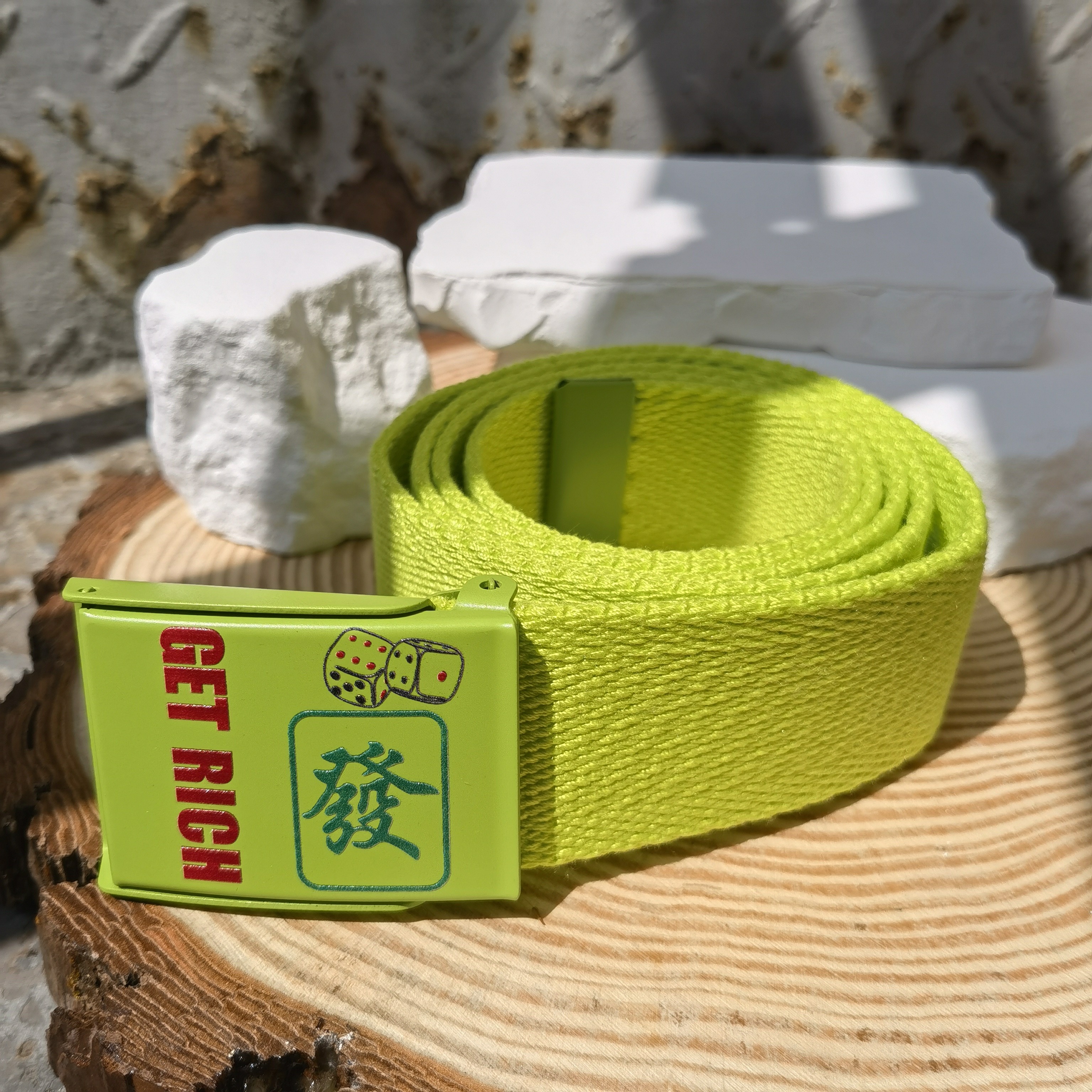 Men'S Green Canvas Belt with GET RICH Motif