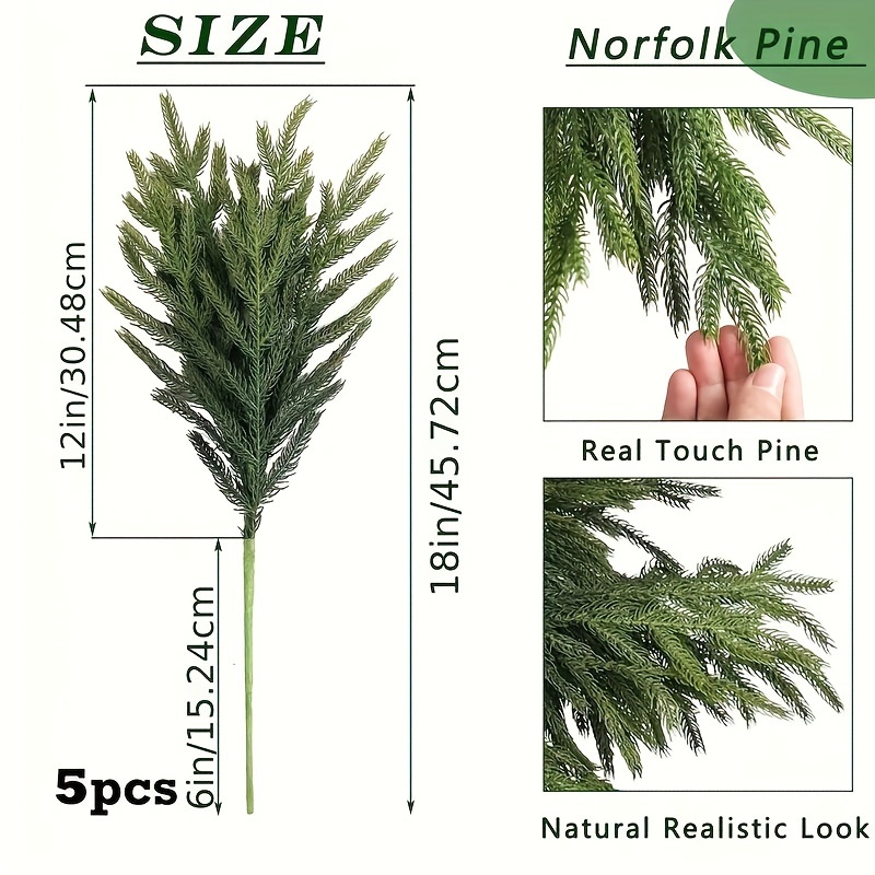 Image of Set Of 5 Realistic Norfolk Pine Branches - 18-inch Artificial Cedar Twigs Ideal For Crafting Wreaths And Home Decorations, Suitable For Christmas, Easter, Thanksgiving, And Mother's Day