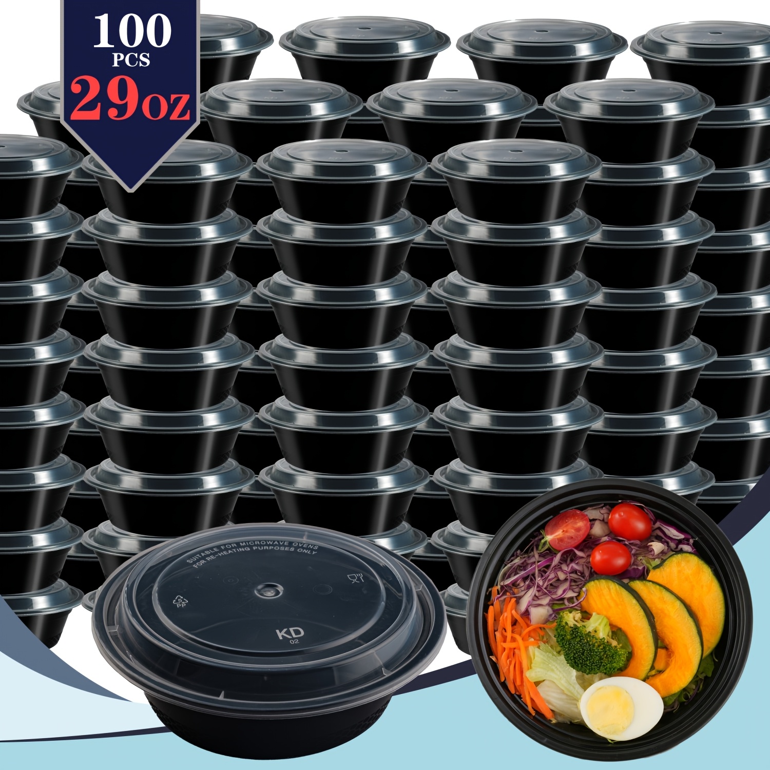 TEMU 100pcs (50 Containers & 50 Lids) Black Round Meal Prep Containers 29oz Stackable And Leakproof Food Storage Container Set Disposale Bento Box