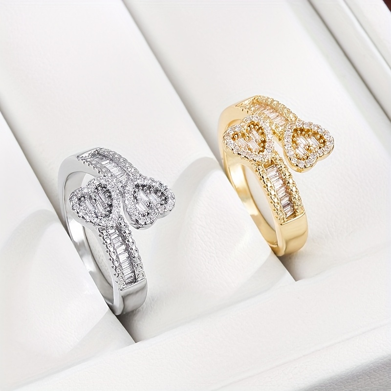 Adjustable Geometric Open Heart Ring with Zirconia Stones Golden Plated