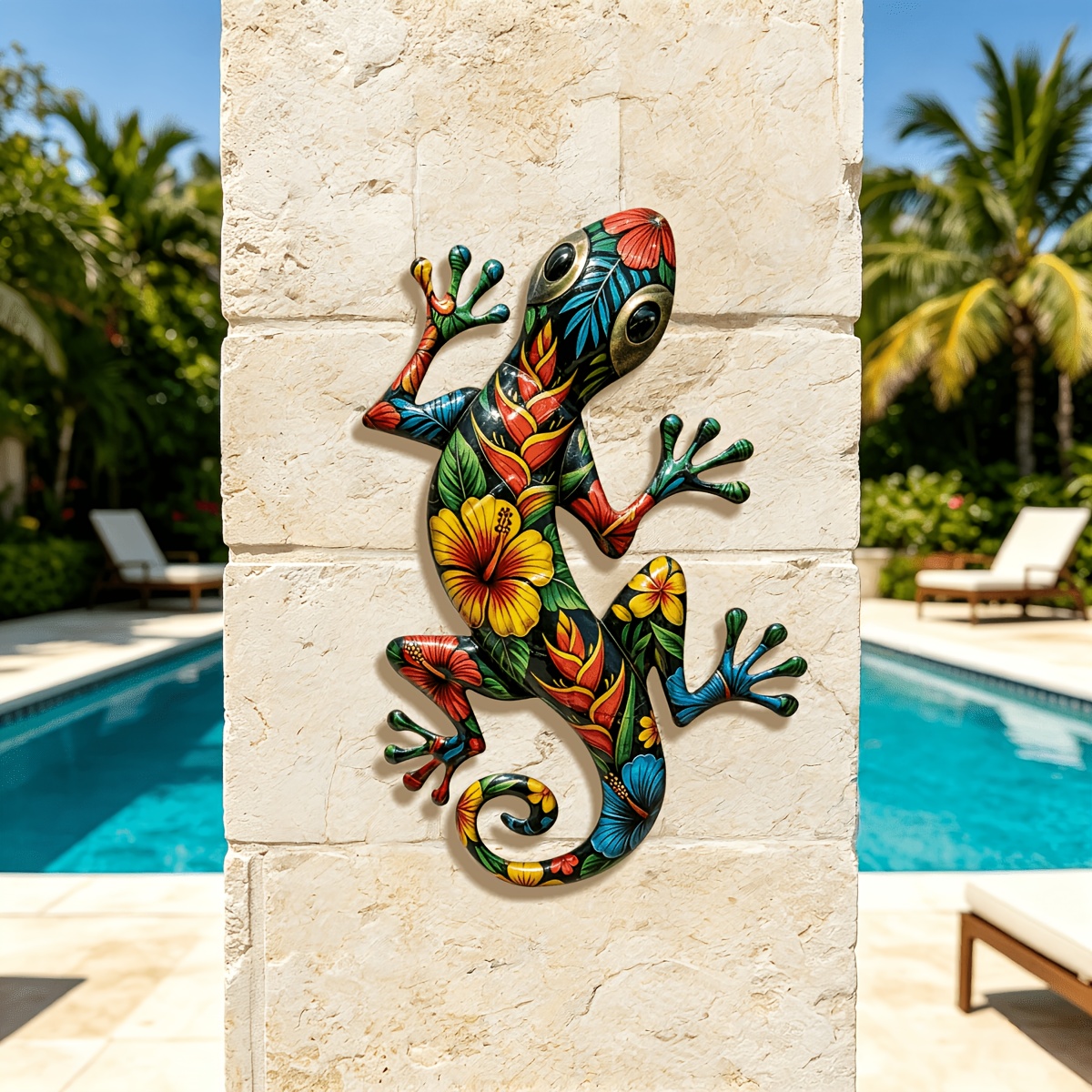 TEMU [2.5D] CITONGING Art Mural en Fer Forgé Gecko Floral Tropical 2.5D, Décoration Murale Lézard Hibiscus Peint à , et Ornement d'Extérieur