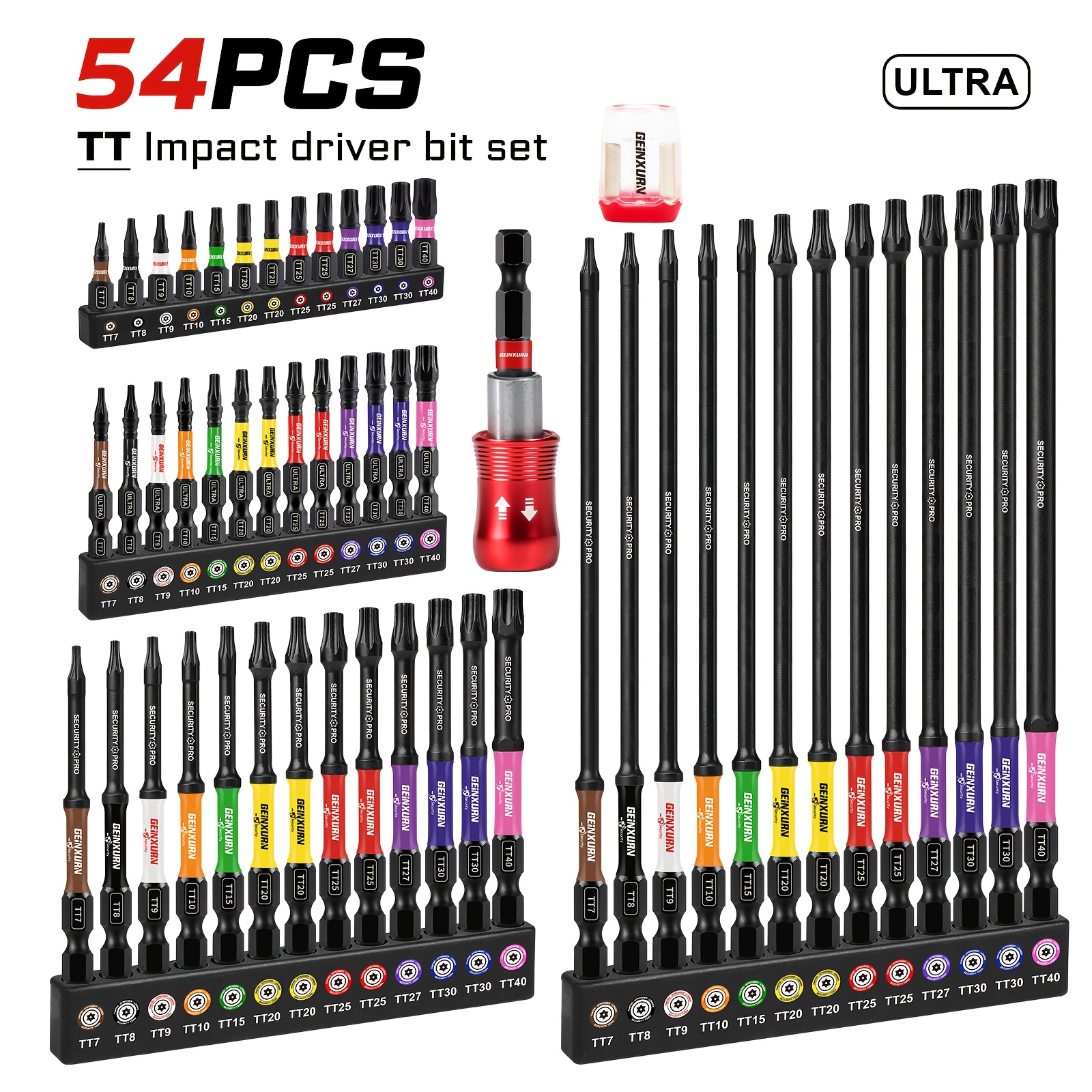 TEMU Geinxurn Color-coded Tt Type Heavy-duty Impact Bit Set Magnetic Extension Bar And Red Demagnetizer. Features Color-coded Bits For Quick