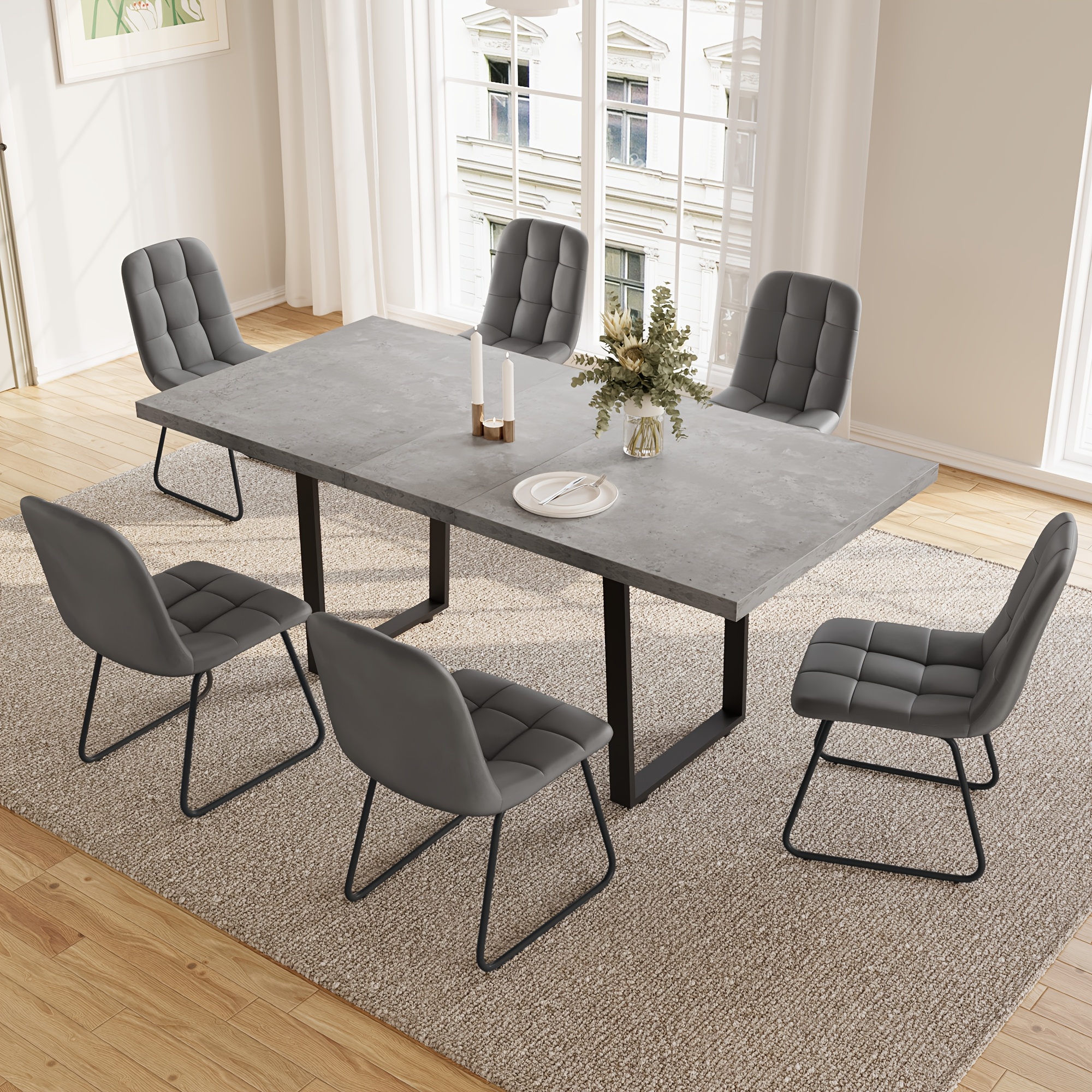 Image of Living Room Set For 4-6 People, Expandable 130-170cm Dining Table, With 6 Dining Chairs, Modern Mdf Panel Table, Corduroy Fabric Chair, Suitable For Dining Room, Kitchen, Living Room, Meeting Room