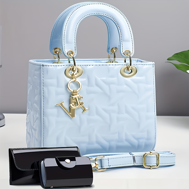 TEMU Light Luxury 2026 New Glossy Embossed Solid Color Small Handbag Candy Versatile 3pcs Set Women's Hand Carry Shoulder Bag
