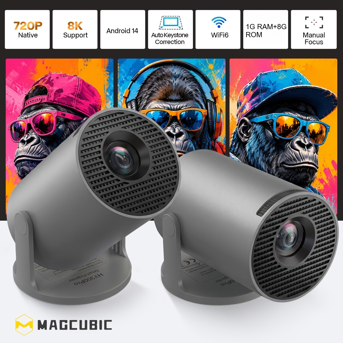 Image of Magcubic Smart Projector - 180° Flexible Rotation - 1gb + 8gb Rom Storage - 280 Ansi , 14.0 System With Wifi 6 Bt 5.4, H726 , Local 720p Support Up To 8k