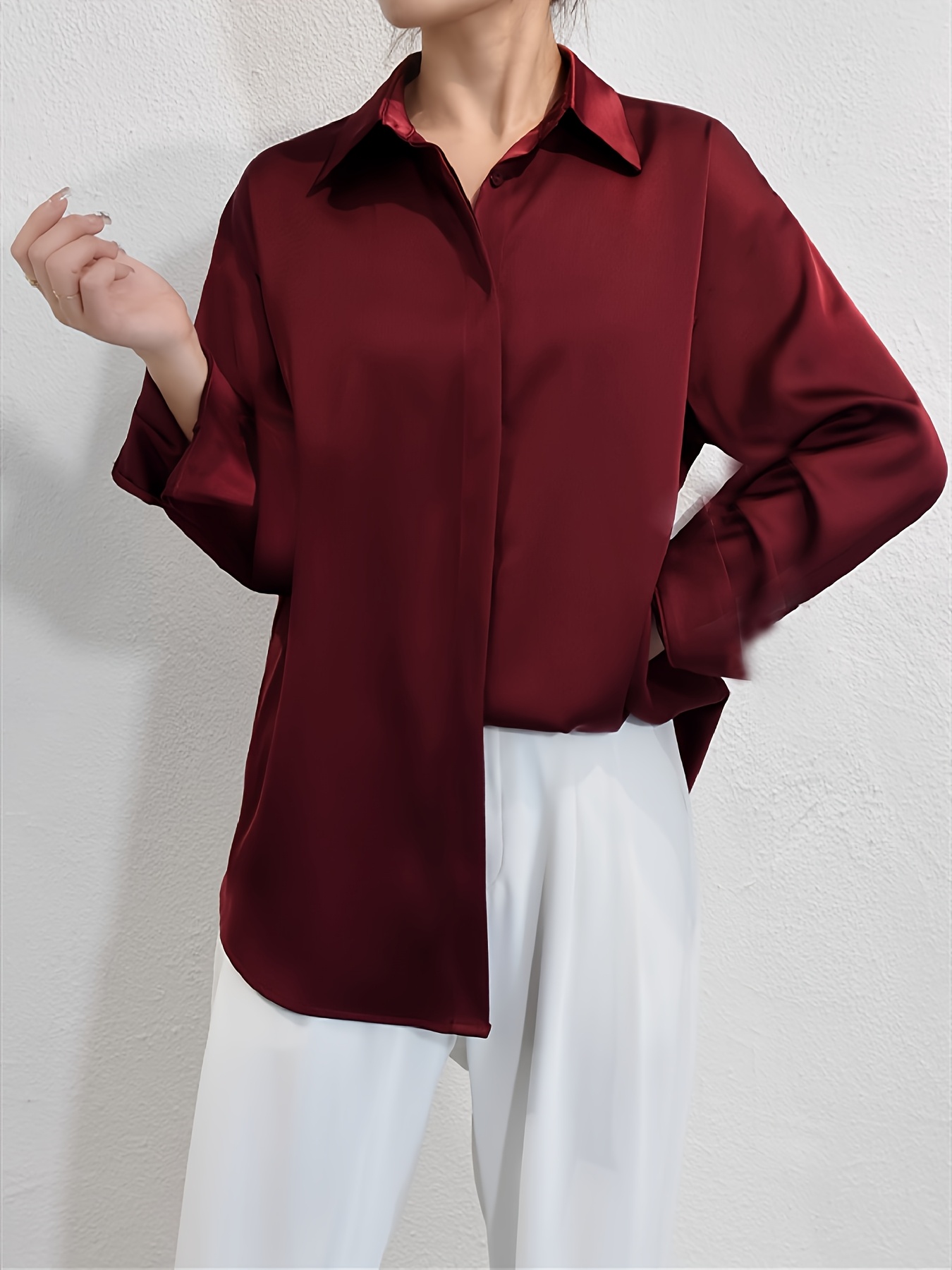Elegant Women's Satin Long Sleeve Shirt Burgundy Red, Collar Machine  Washable Work or Casual Outfits, Office Clothing