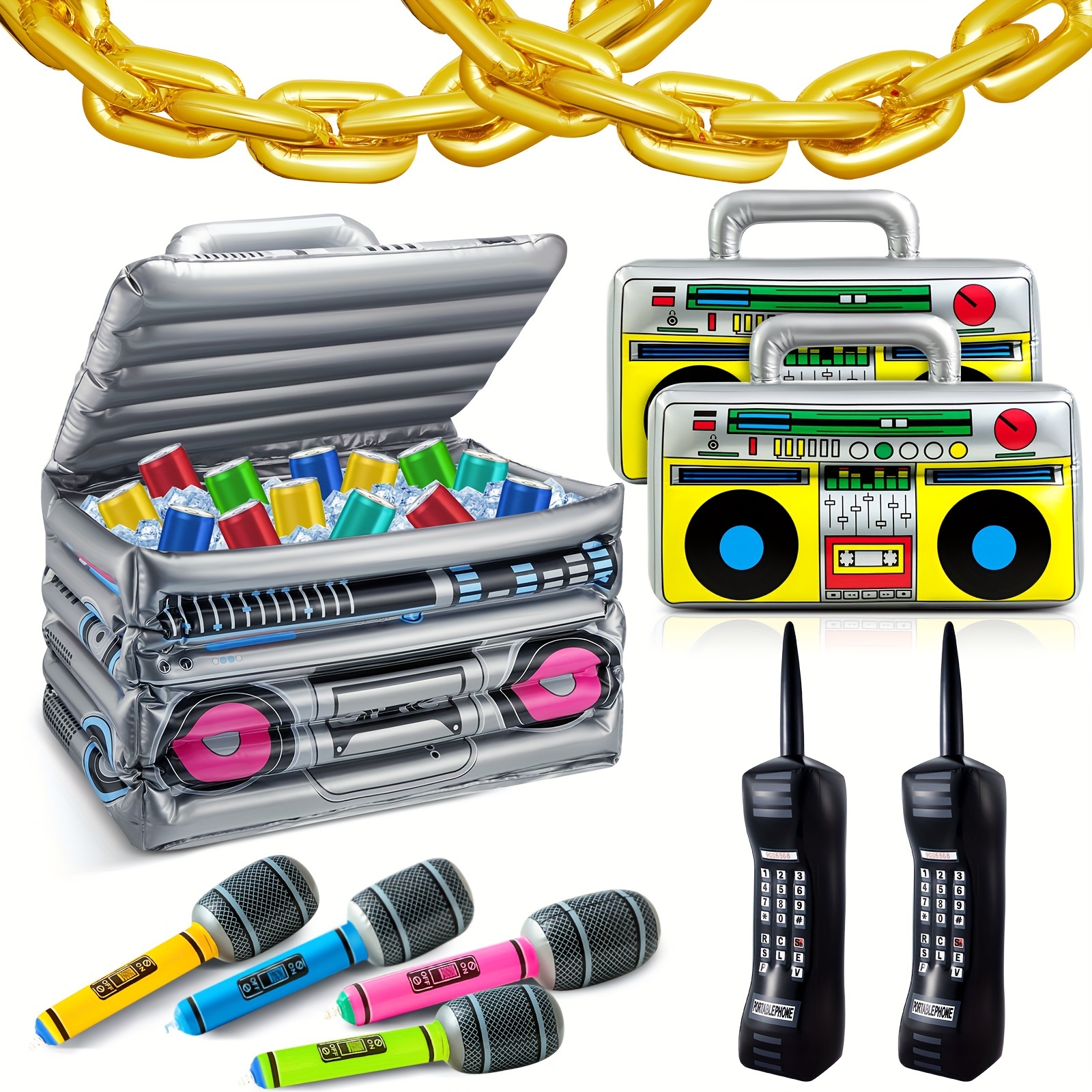 

29 Pcs 80s 90s Party Decorations Inflatable Box 20 Gold 2 Phones 2 4 Microphones For