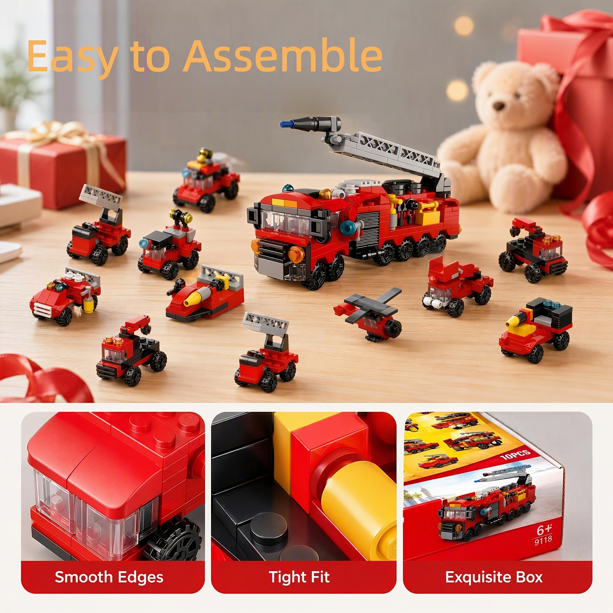 10pcs Red Fire Truck Building Blocks Set, Gift for Kids