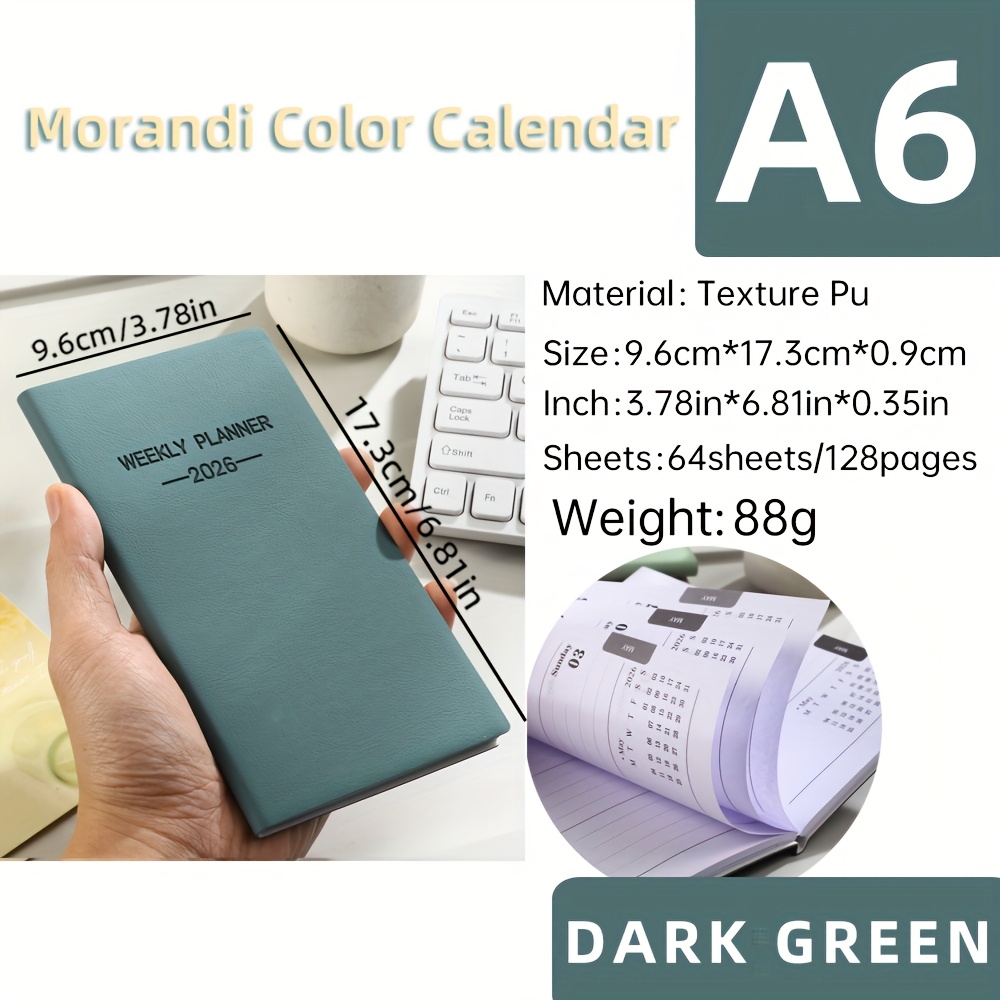 TEMU 1 A6 Size 2026 Daily Planner, Morandi Color Leather Cover Agenda, 64 Sheets (128 Pages) Slim Weekly Planner. Includes Yearly Calendar, Monthly