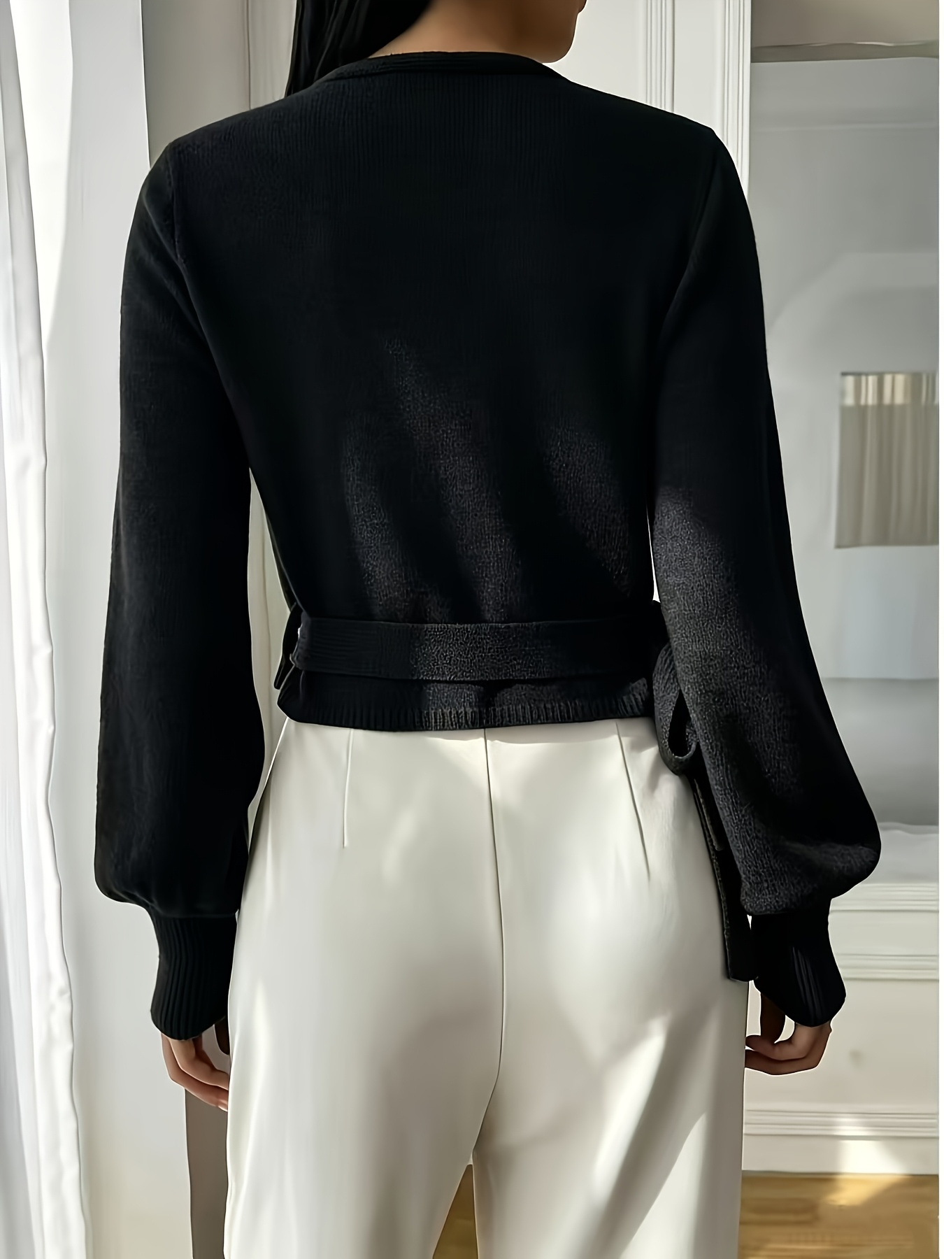 suéter   para mujer de estilo envolvente con corte, cuello  ,   en la cintura y   larga, casual y elegante, de   larga