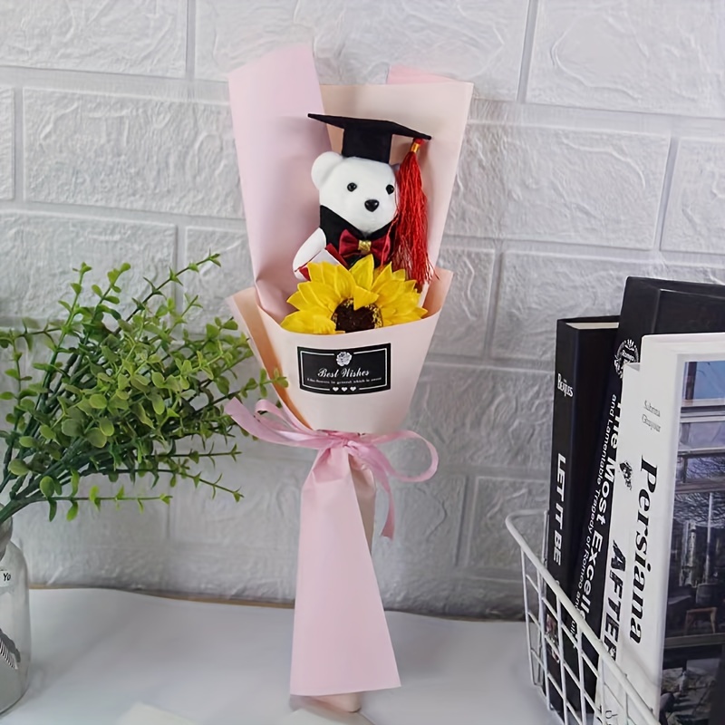 TEMU 1pc Graduation Bear Bouquet, Doctor Hat Doll With Sunflower, Campus Event Gift, No Electricity Required, Featherless, Party Decoration