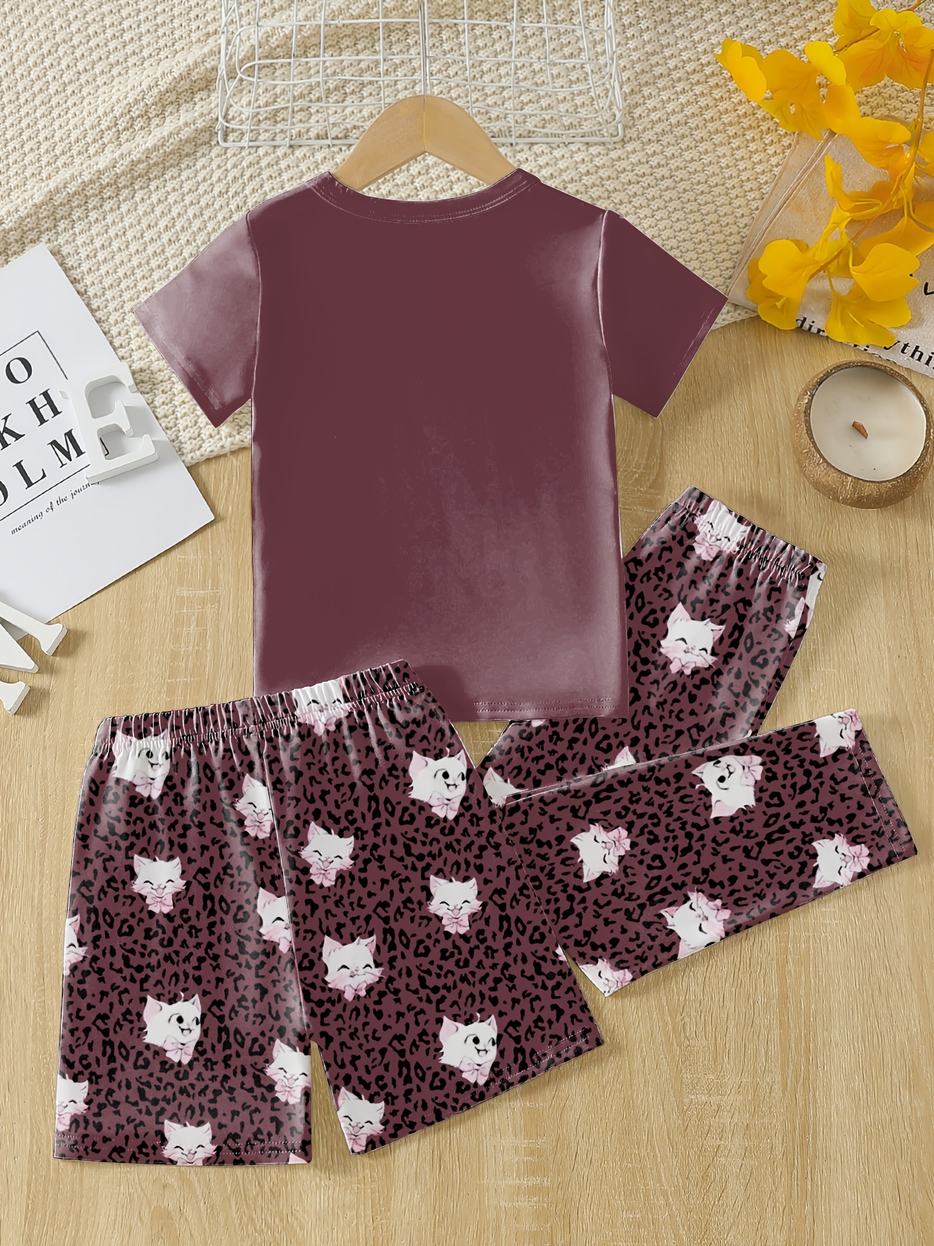 girls' cute cat print pajama set knitted polyester fabric Temu