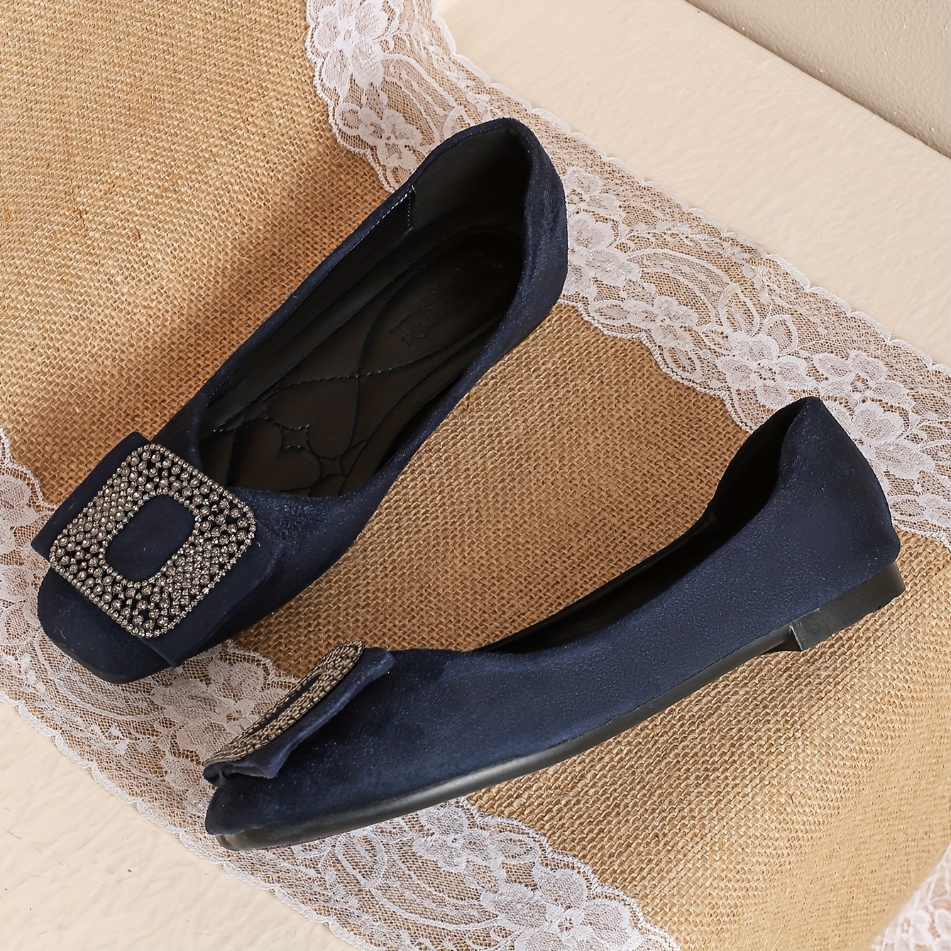 TEMU 2025 Summer New Comfortable Single Shoes Women' Toe Flat Shoes Versatile Square Rhinestones Shallow Mouth Flat Women's Shoes, Women Shoes