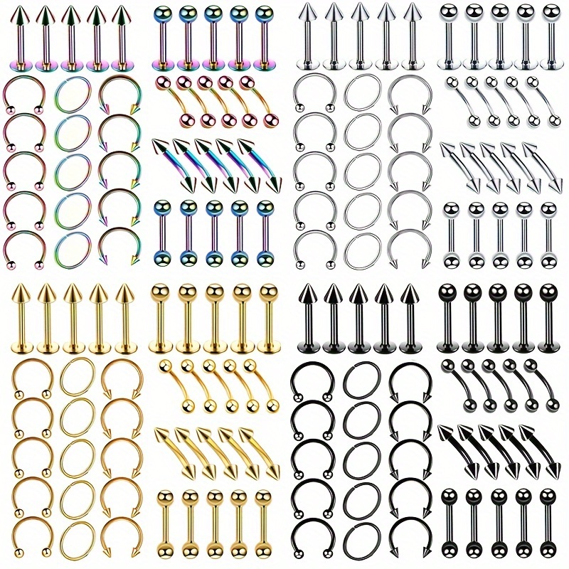 

40pcs Stainless Steel Body Piercing Jewelry Set, Punk Style Mixed Barbell, Hoops & For Eyebrow, Tongue, Lip, Ear, Nose, Non-magnetic, 18k Plated Body Jewelry Kit For Men