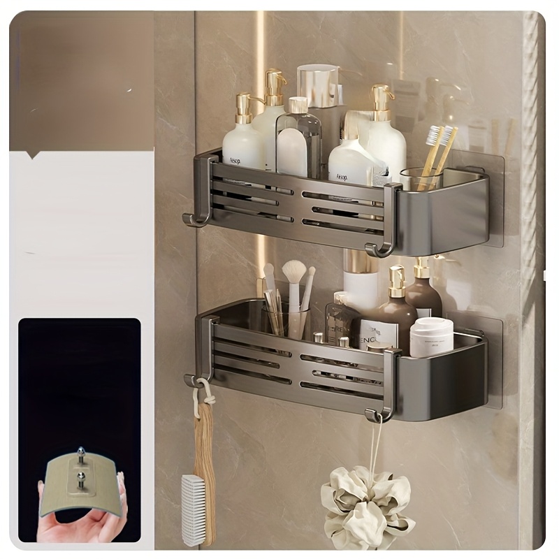 Image of 1pc/2pcs No-drill Bathroom Organizer Corner Shelf Shower Storage Rack, Wall-mounted Adhesive Vanity Corner Cosmetic Organizer, Toiletries Shelf, Suitable For Bathroom Kitchen Storage