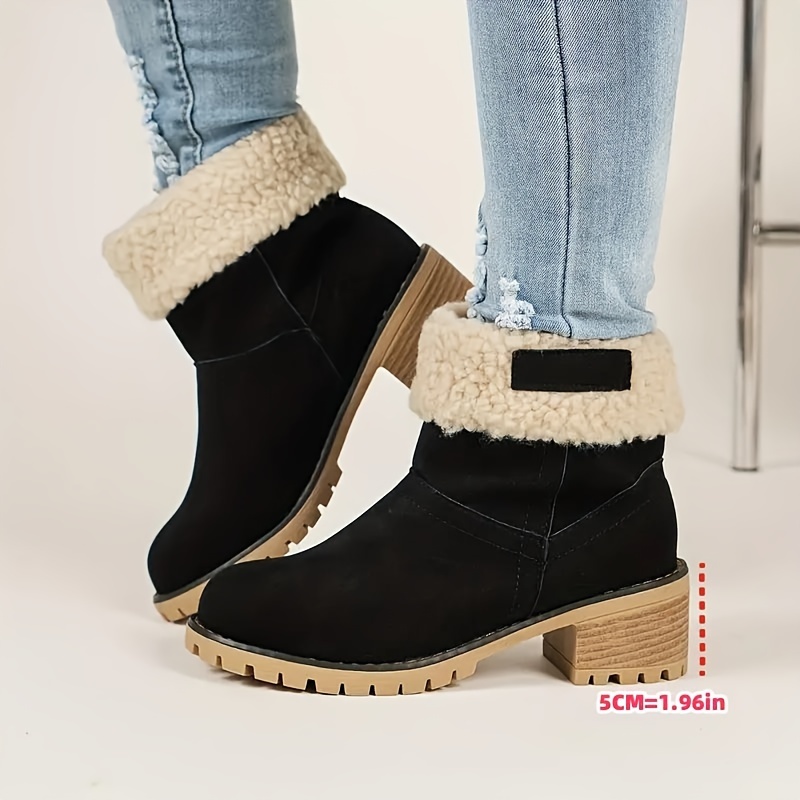 

Women's Casual Chelsea Mid-calf Boots With Sheepskin Fur Lining, Winter Thickened Fabric, Round Toe, Medium Height Heel, One-piece Slip-on, Solid Color