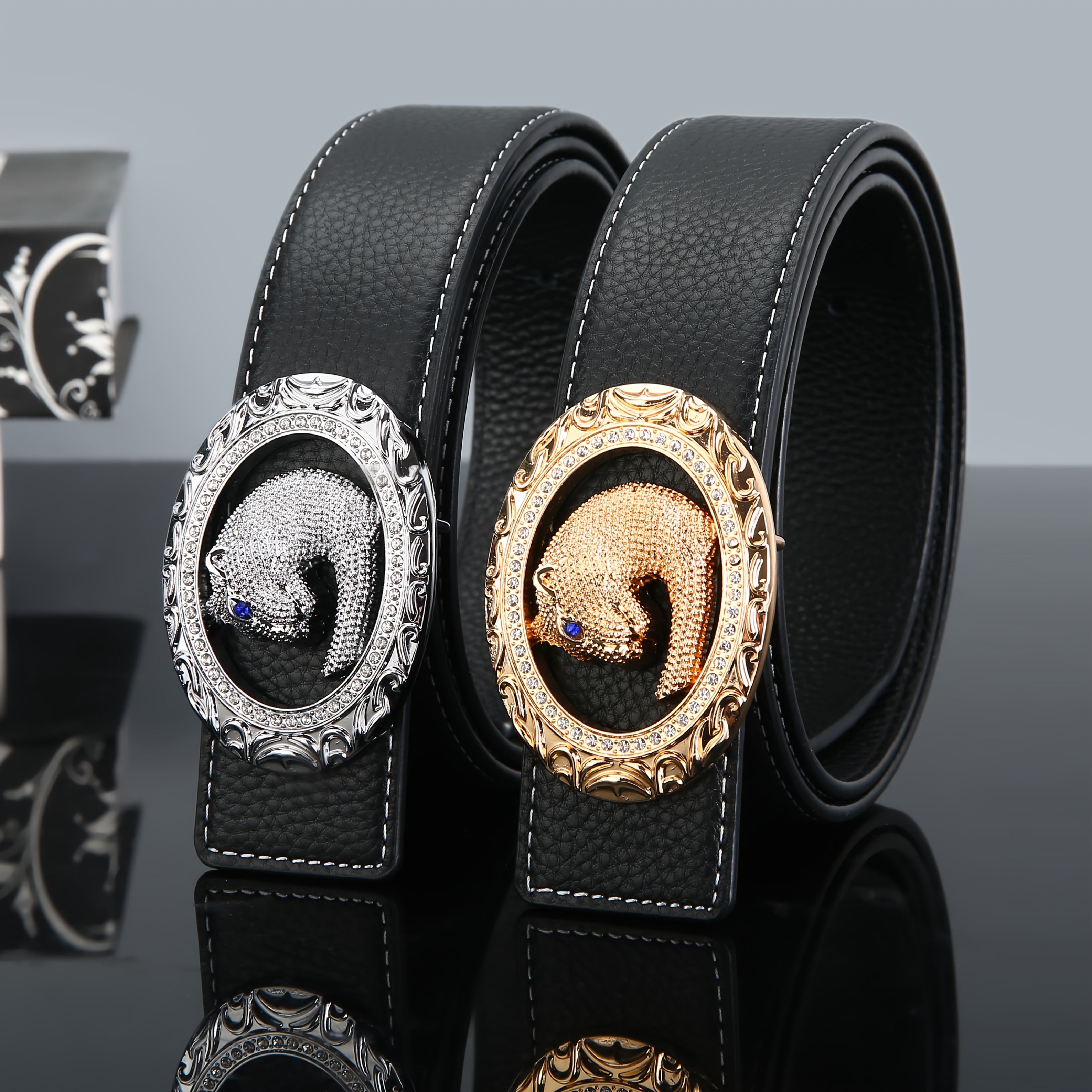 Double sided Top Layer Cowhide Belt With Diamond studded Leopard Head Buckle