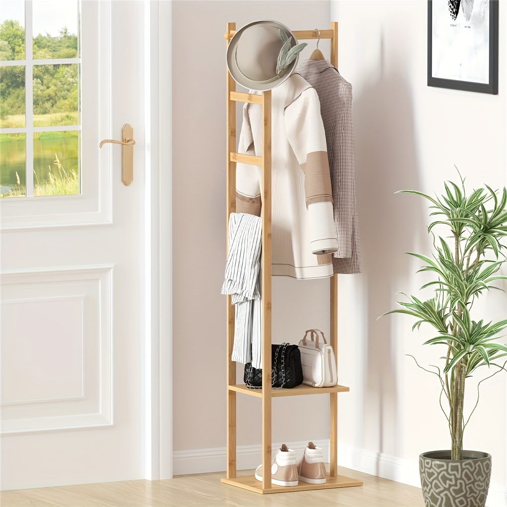 

Porte-manteaux sur pied : Porte-manteaux d'entrée Armoire en bambou Support porte-manteaux design moderne Gain de place pour chambre à coucher Porte-manteaux avec étagères et crochets