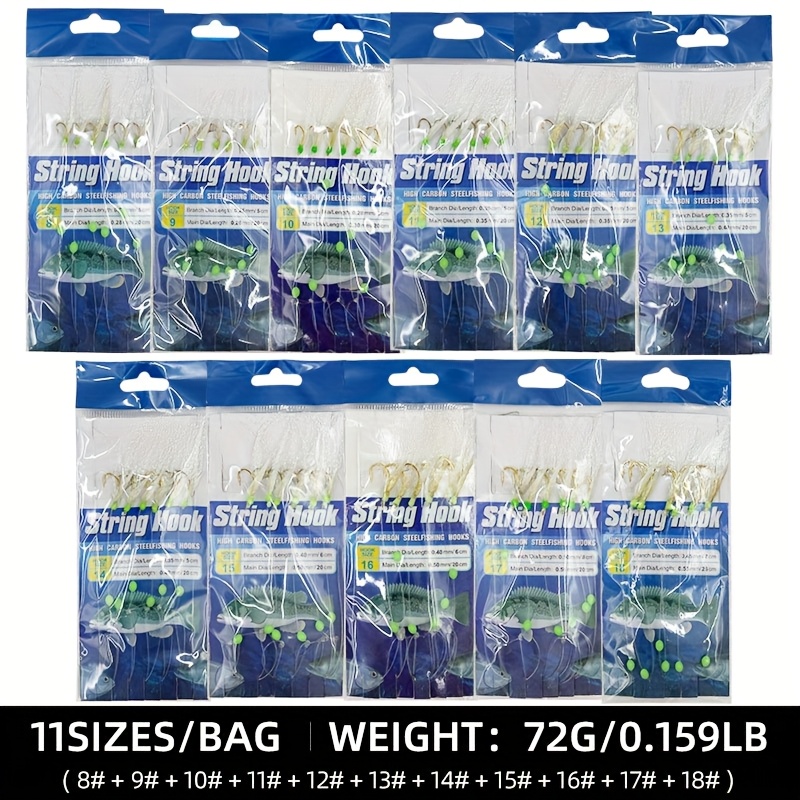 A Bag Containing 11 Luminous Fish Skin String Hooks, Designed For Lures And Suitable For Curved Mouth Fish, Featuring White Stripe Bait
