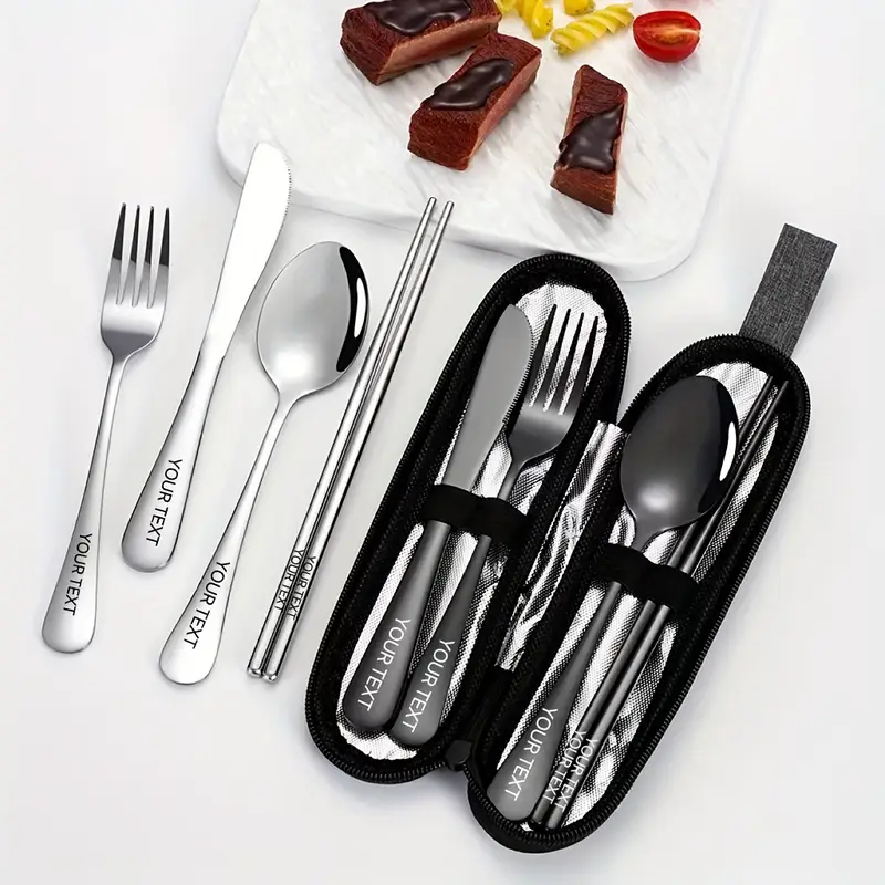 customized 4pcs stainless steel knife fork and spoon set stainless steel knife fork and spoon black tableware set outdoor travel knife and fork portable storage bag outdoor picnic family reusable tableware Product details 2