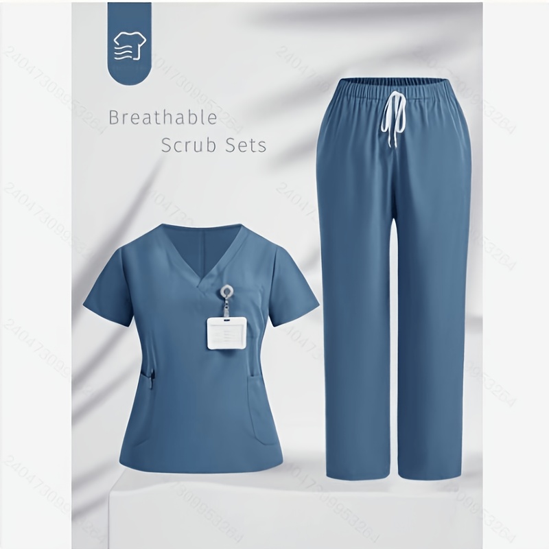 TEMU Taskez Ensemble de blouse médicale grande taille pour femmes, haut à manches courtes uni avec poche et pantalon, uniforme de blouse médicale