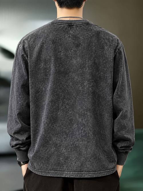 mens 100 washed t shirt versatile crew neck long sleeve top with letter print for spring autumn casual wear