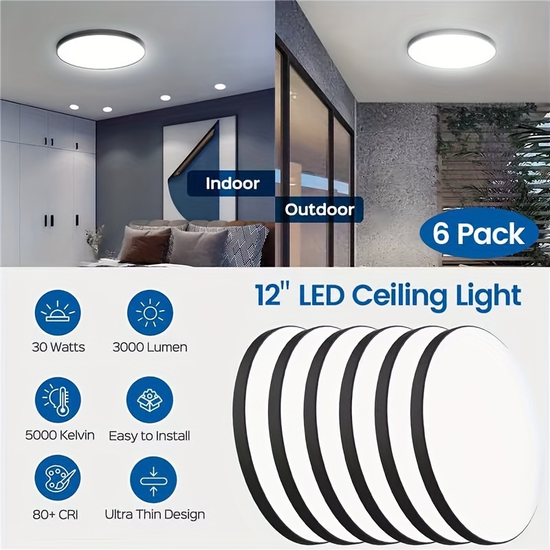 

Jackyled Ceiling Light 6 , 12 Led Ceiling Light, 30w 3000lm Round Ceiling Light For Bathroom Dining Hallway, 5000k