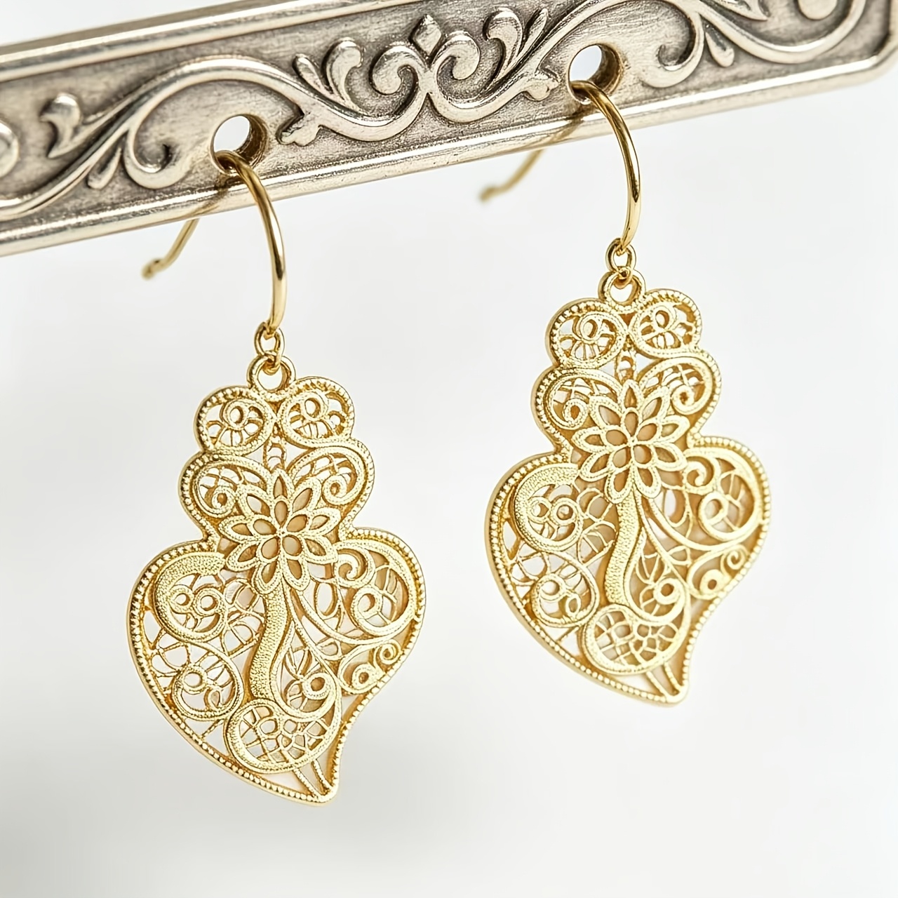 Vintage Filigree Openwork Heart & Floral Drop Earrings, Elegant Design