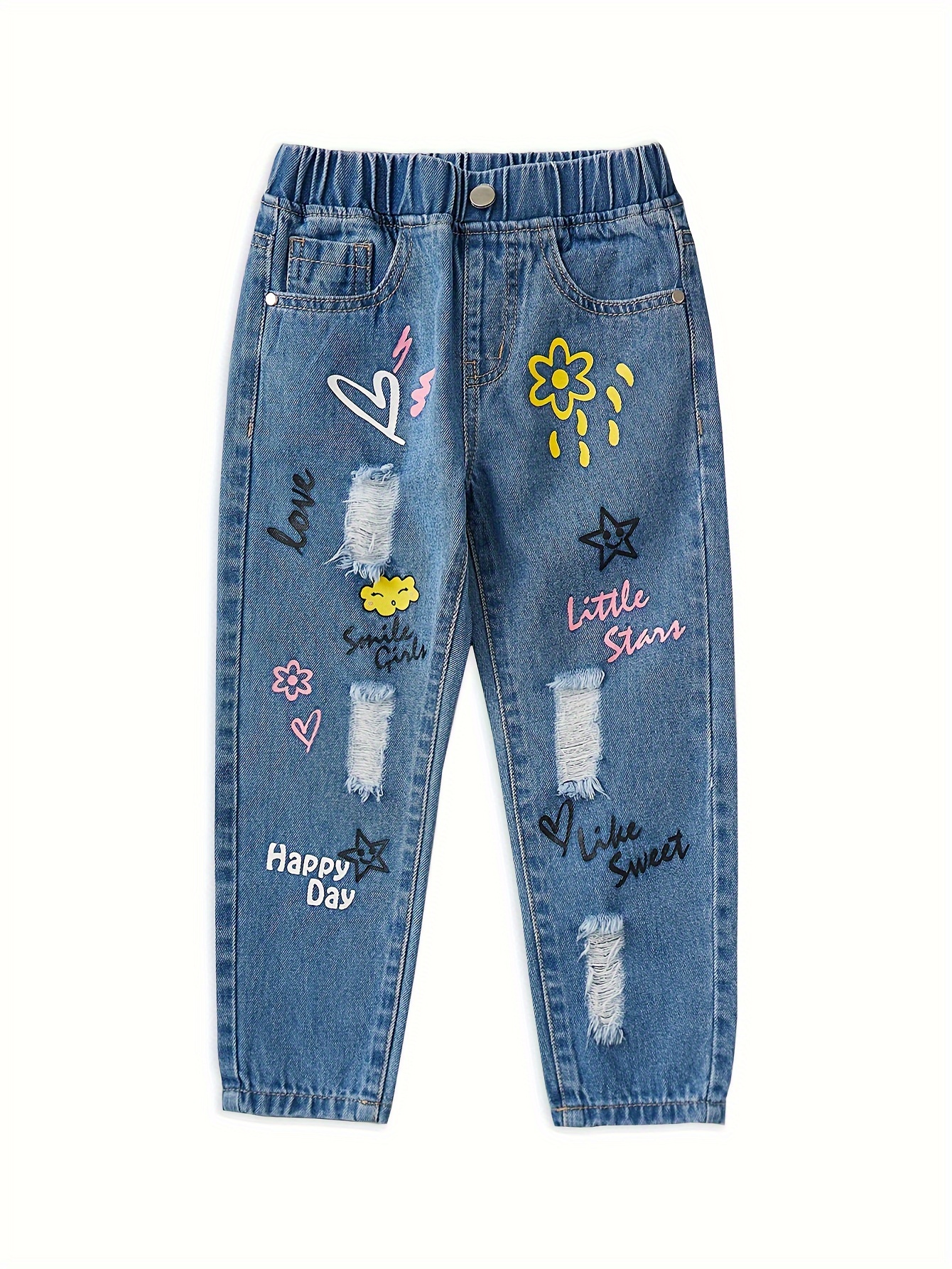 Rainbow Graffiti Design Girls Baggy Jeans Street Fashion - Temu