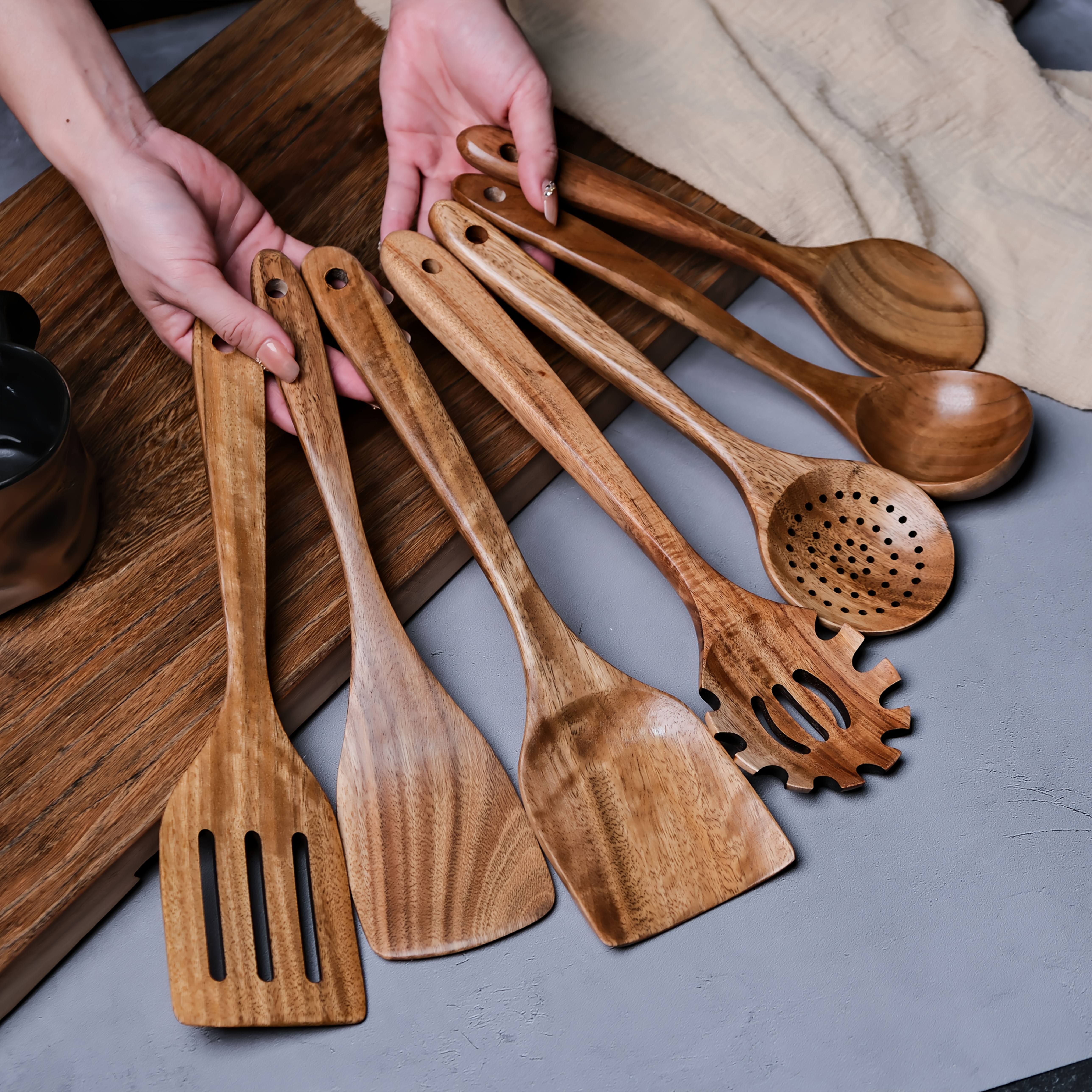 TEMU Premium Wooden Kitchen Utensil Set: 7pcs With Grooved Spatula, Turner And Spoon For Cookware Heat Resistant