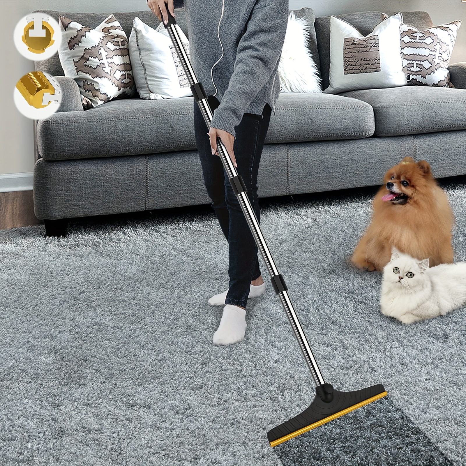 TEMU Pet Hair Removal Carpet Rake, Reusable Cat And Dog Hair Remover With 60-inch Long Handle. Hair Removal Broom And Lint Scraper For Carpets, Rugs,